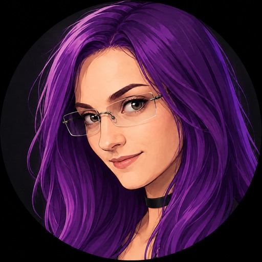 Drawn portrait of EshAlora: a woman with purple hair and rimless glasses